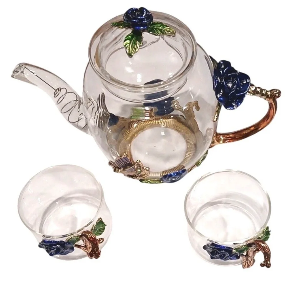 Tea Set Brew To A Tea Blue‎ Rose Butterfly Enamel Glass 3pc Set